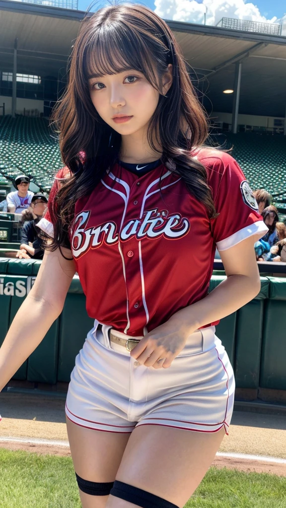 muste piece, best quality, illustration, Super detailed, fine details, High resolution, 8K,wall paper, perfect dynamic composition,(Details High quality, realistic depiction of eyes:1.3), short hair, (wavy hair:1.2), Baseball Stadium, (Sexy Baseball Uniforms), a miniskirt, Toned buttocks, huge breasts, black hair color, Big Natural Color Lip, bold sexy pose, crying a little、cold gaze, Harajuku style、20 year old girl、cute type、ta、beautiful legs, full body photo、focus on crotch, hposing Gravure Idol