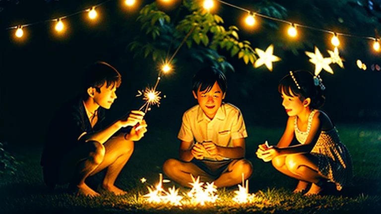 A midsummer tradition、Nostalgic Sparklers Nagate Peony、1960Era、Showa-era sparklers in the garden and children's T-values