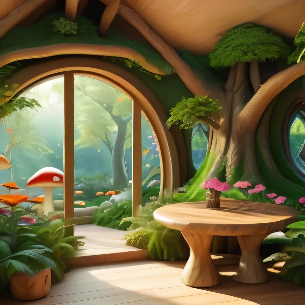 (Mysterious fantasy forest，Dense trees，A strange and cute little tree:1.5)，Hobbit Cottage, vividly depicted in the work (best quality, 8k, Advanced Solutions, masterpiece: 1.2), With super detailed details， (1.4 倍Reality, Reality: 1.37). This dreamy forest is made up of bright colors，Bathed in the warm sunshine, create cheerfulness、whimsical atmosphere. The house was designed with great attention to detail, Featuring complex designs and unique architecture, Similar to a mushroom-shaped house。 (This dreamy forest is surrounded by lush greenery and colorful flowers), Enhance enchanting and magical environments。 The artwork demonstrates an illustrative style, Inspired by children&#39;s book illustrations, Ensures a charming and nostalgic touch. The color palette consists of bright rainbow colors, Seven colors，Evoke feelings of joy and playfulness. Lighting sets off the picturesque scene, Create soft, warm shadows，Add depth and warmth to artwork. Every detail is impeccably presented, Create visually stunning masterpieces，Capture the essence of Fantasy Forest.