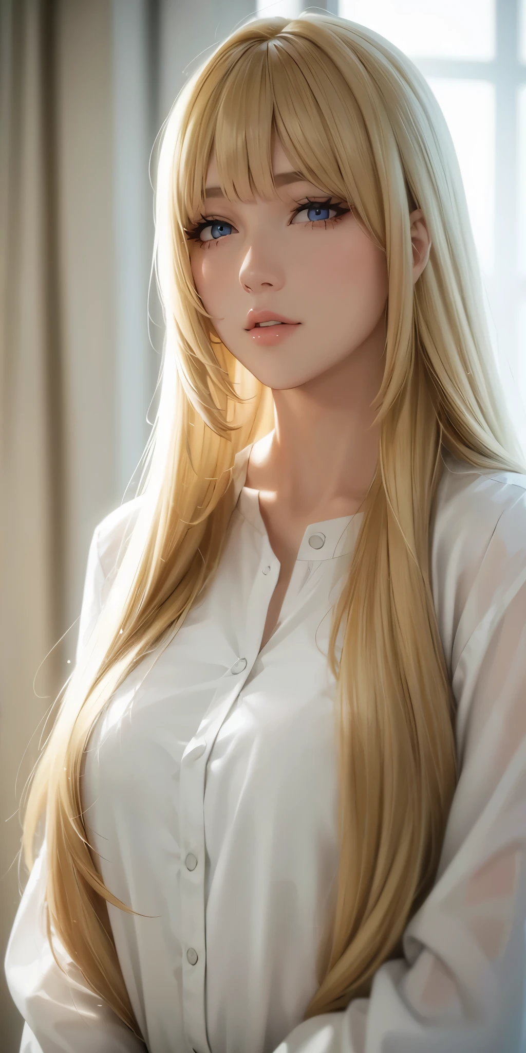 80's_jiaopian, 1girl, blonde hair, ((realistic)), ((photorealistic)),((high-res, masterpiece, best quality, cinema lighting)), masterpiece, best quality:1.2), upper body, solo, 1girl, smile, closed mouth, masterpiece, best quality, 4k, photograph, cinemtaic lighting, modelshoot, perfect lighting, perfect detailed face, professional photoshoot, seductive smile, wide hips, thick thighs, short female, huge breasts,shizuka marikawa, blonde hair, white button up shirt, cleavage, realistic, shirt pull