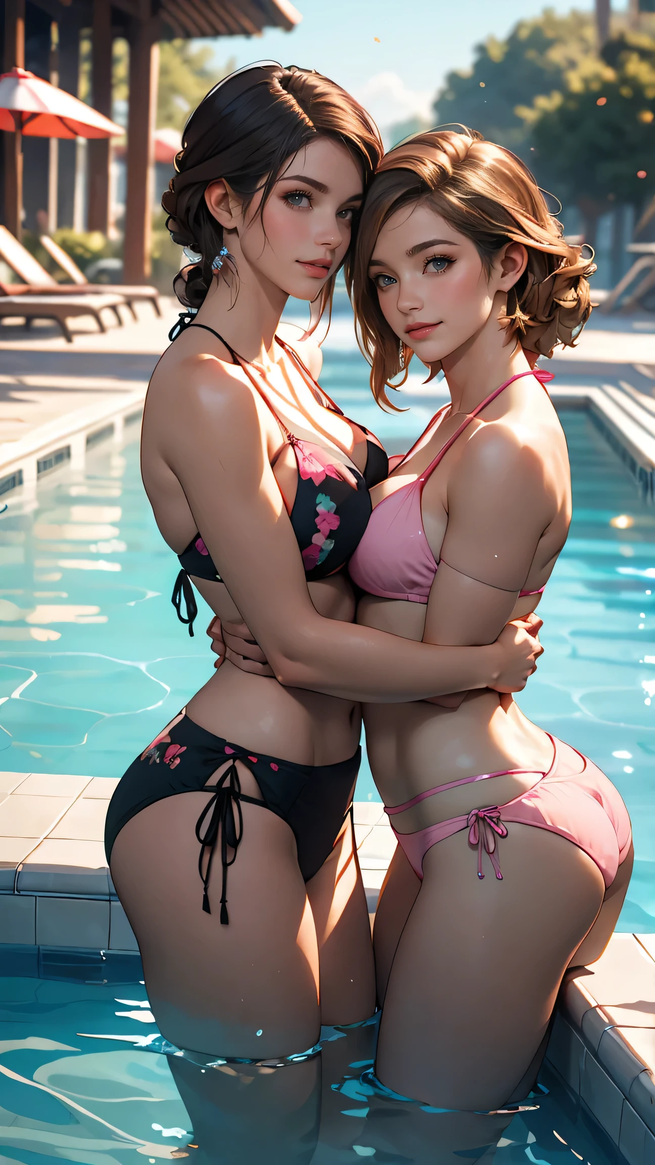 two women in bikinis hugging each other near a pool, a pastel by Adam Dario Keel, tumblr, fine art, alena aenami and lilia alvarado, two models in the frame, bikini, photo from behind, two, bottom angle, some pink, perfect angle, shot from the side, violet myers, beautiful angle, two girls, stacked