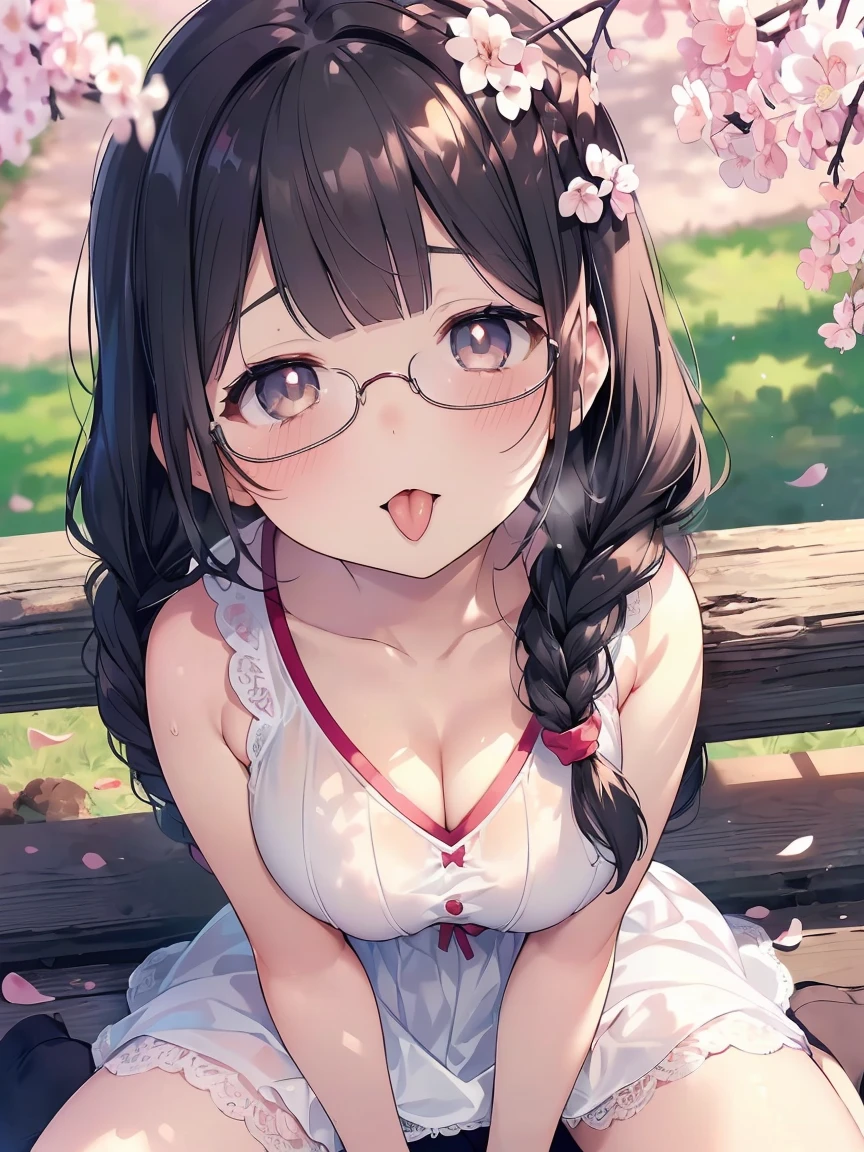 Very detailed, highest quality, High resolution, Moe Anime, ((A cute elementary school girl with black hair and droopy eyes)), ((Wearing large round glasses:1.4)), (Baby Face), Cute eyes, Detailed eye depiction, Sparkle in the eyes, View your viewers, Pale skin, (Big eyes:1.4, Droopy eyes:1.4, Fatty face:1.4), smile, Focus on the face, In the park with cherry blossoms falling, Sitting, (Extreme close up of tongue), (((From above))), Open your mouth, (((Face only:1.3))), ((white lace sleeveless dress)), Bright Eyes, Light from the front, (Put your hands between your legs:1.4), large and long tongue, Cleavage, Braided hairstyle