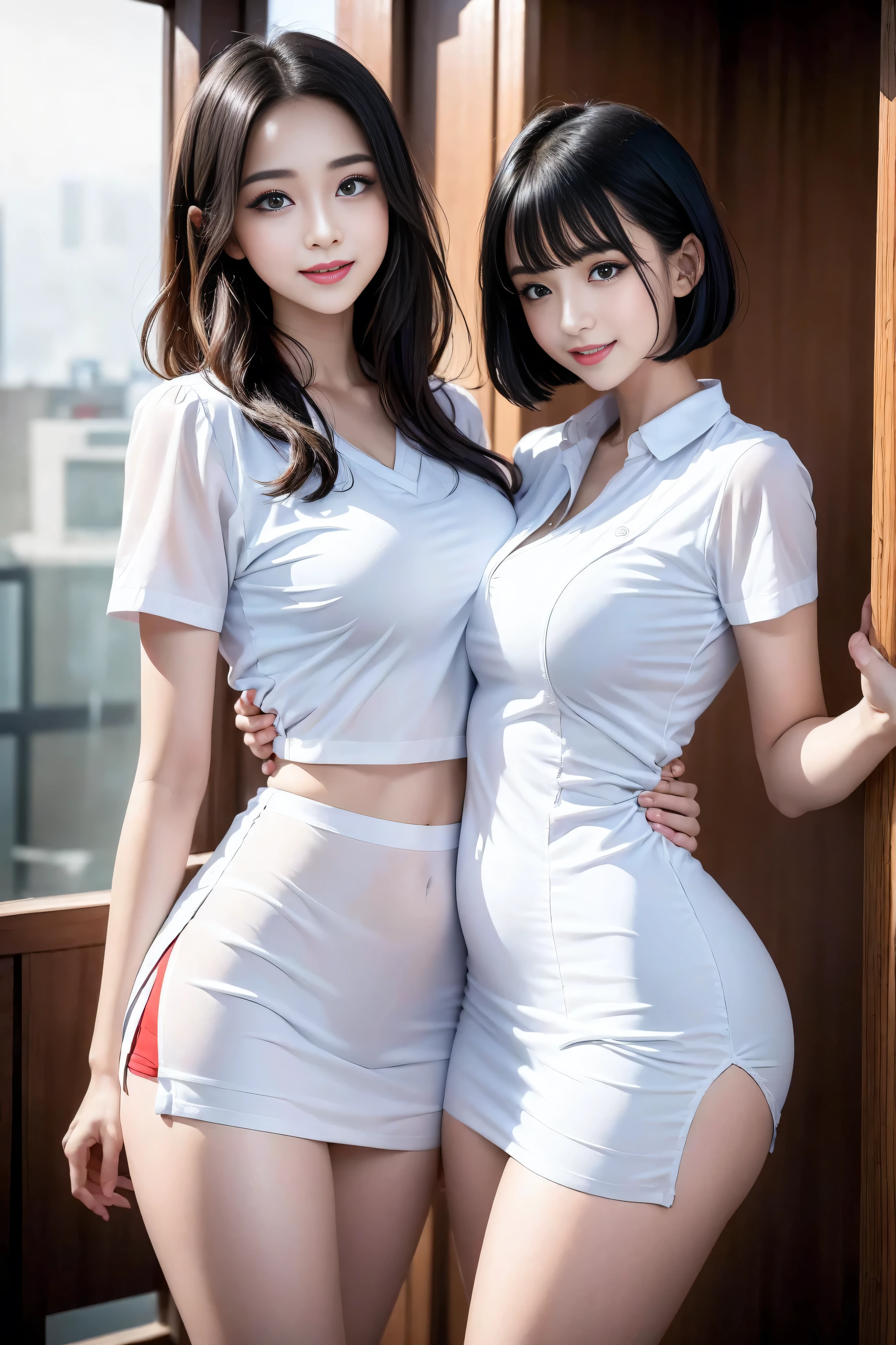 (3 Ultimate Beauty Nurses)、{{{masterpiece}}}, {Oh oh oh, Oh, really:1.2}, best quality, Official Art, Highly detailed CG Unity 8k wallpaper, Very rich facial details、Delicate lips、Delicate eyes、Double eyelids、((Black Bob Hair))、(Nurse:1.3)、(Attractive figure)、(huge)、((Open mouth smile: 1.8, Lovely smile: 1.8)), solo, Short hair details, Energetic smile, blue eyes,With eyes_Tokar, {Beautiful detailed gradient eyes}, Red lips,thigh, thigh, thigh, Perfect fit, Perfect ImageReality, Background and: (Hospital Ward:1.2), Cow Boy Shooting, Detailed background, Detailed clothing, Wearing a nurse hat,Wearing nurse uniform,Perfect lighting、Surreal、(Reality:1.4)、8K maximum resolution, (masterpiece), Very detailed content, professional,