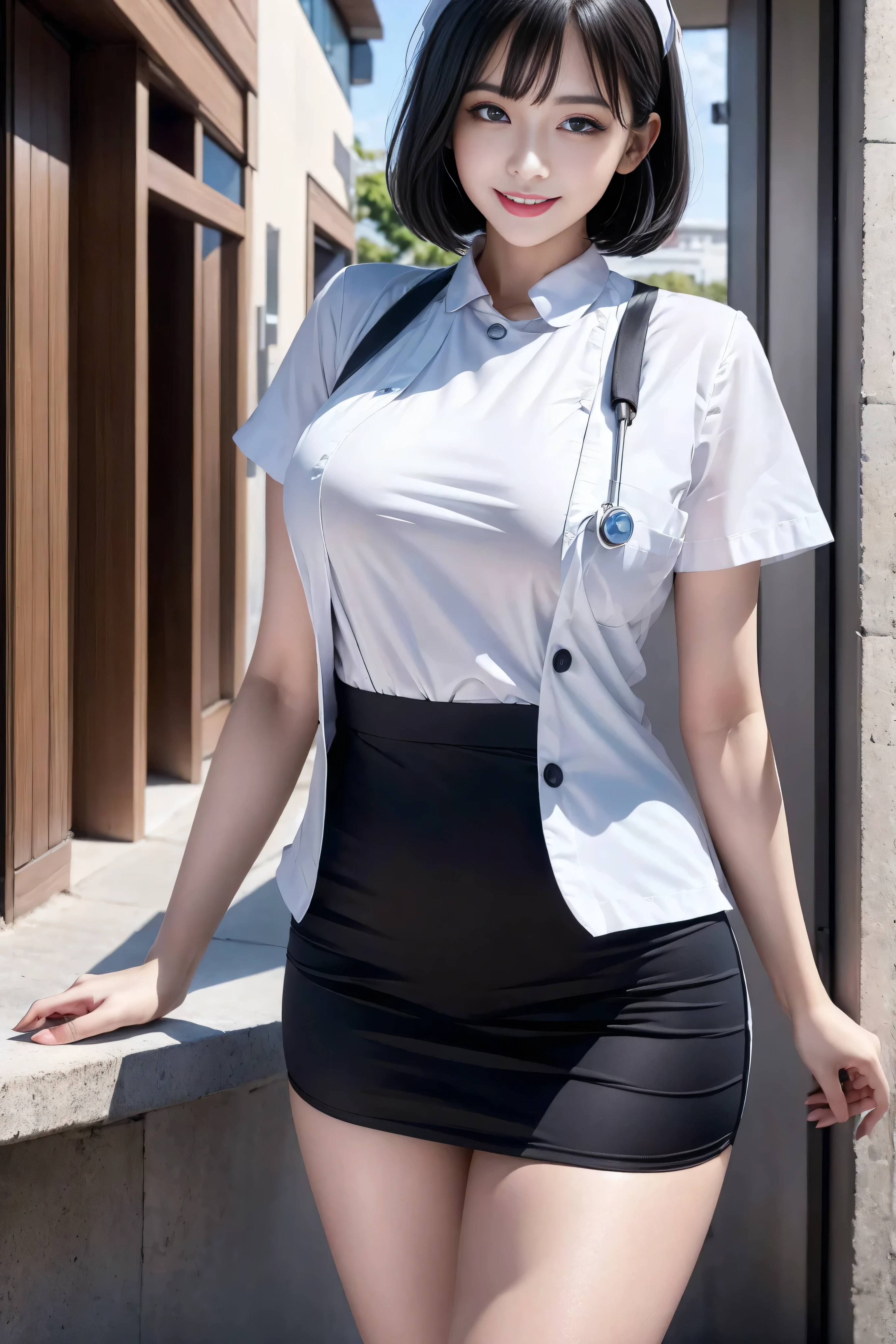 (3 Ultimate Beauty Nurses)、{{{masterpiece}}}, {Oh oh oh, Oh, really:1.2}, best quality, Official Art, Highly detailed CG Unity 8k wallpaper, Very rich facial details、Delicate lips、Delicate eyes、Double eyelids、((Black Bob Hair))、(Nurse:1.3)、(Attractive figure)、(huge)、((Open mouth smile: 1.8, Lovely smile: 1.8)), solo, Short hair details, Energetic smile, blue eyes,With eyes_Tokar, {Beautiful detailed gradient eyes}, Red lips,thigh, thigh, thigh, Perfect fit, Perfect ImageReality, Background and: (Hospital Ward:1.2), Cow Boy Shooting, Detailed background, Detailed clothing, Wearing a nurse hat,Wearing nurse uniform,Perfect lighting、Surreal、(Reality:1.4)、8K maximum resolution, (masterpiece), Very detailed content, professional,