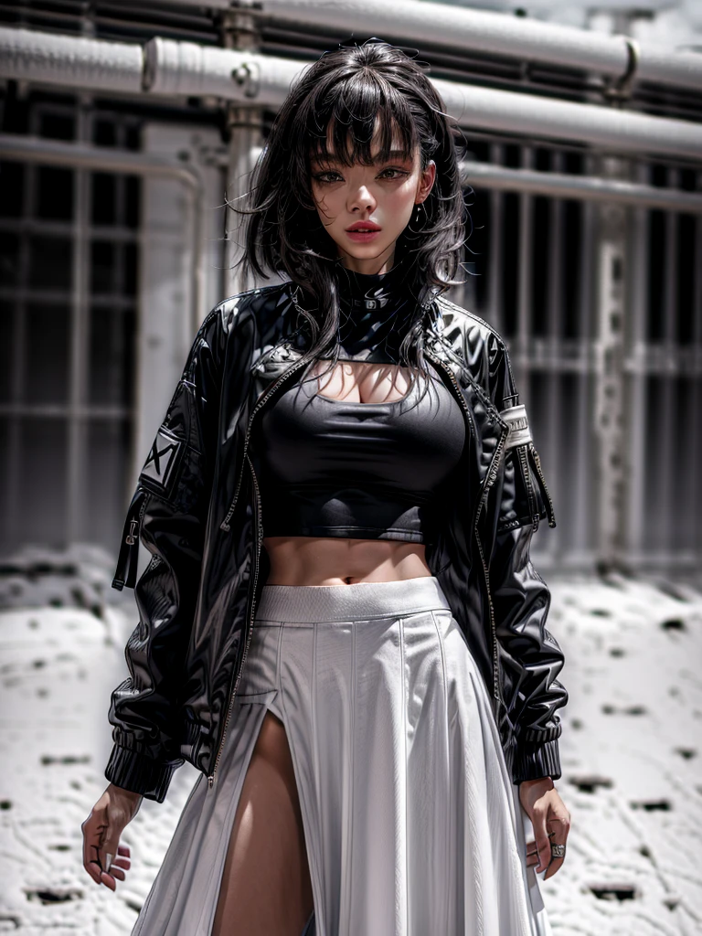 (best quality, ultra-detailed:1.2), 1girl, black jacket, white crop top, white long skirt