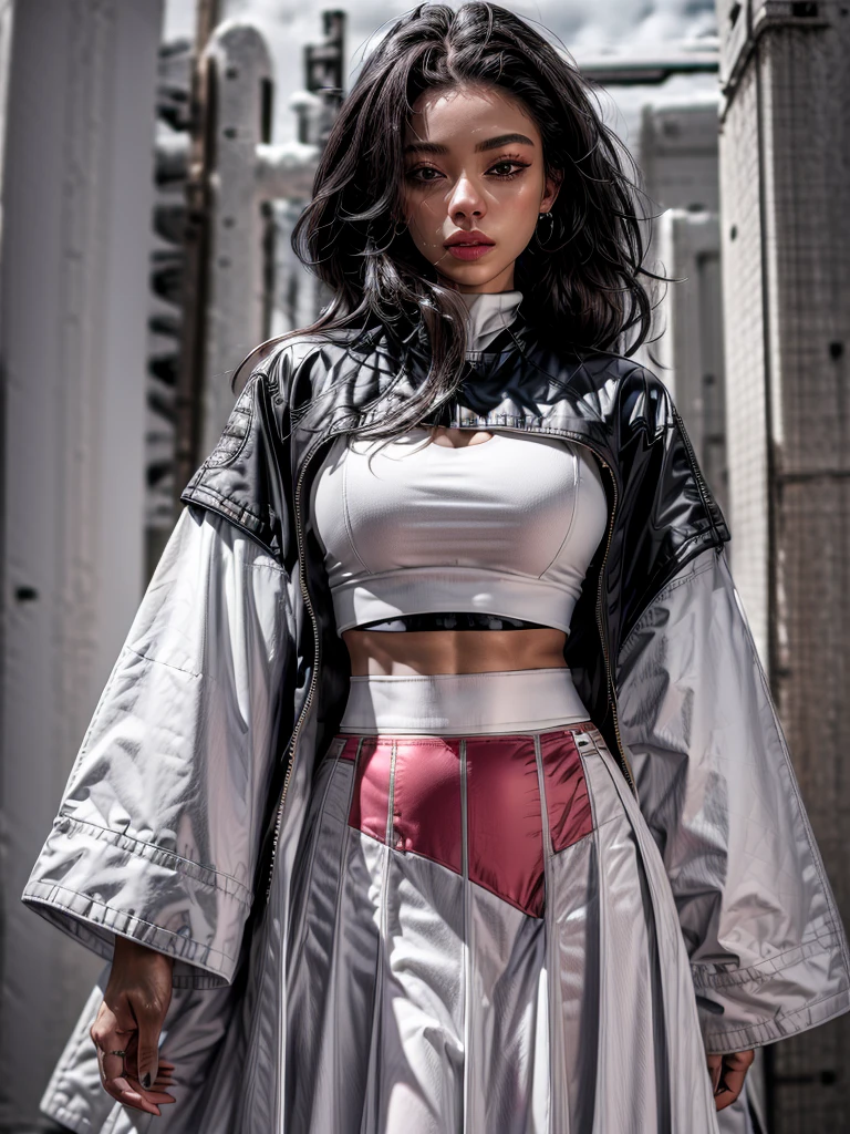 (best quality, ultra-detailed:1.2), 1girl, black jacket, white crop top, white long skirt