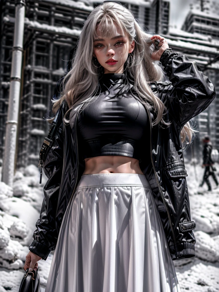 (best quality, ultra-detailed:1.2), 1girl, black jacket, white crop top, white long skirt