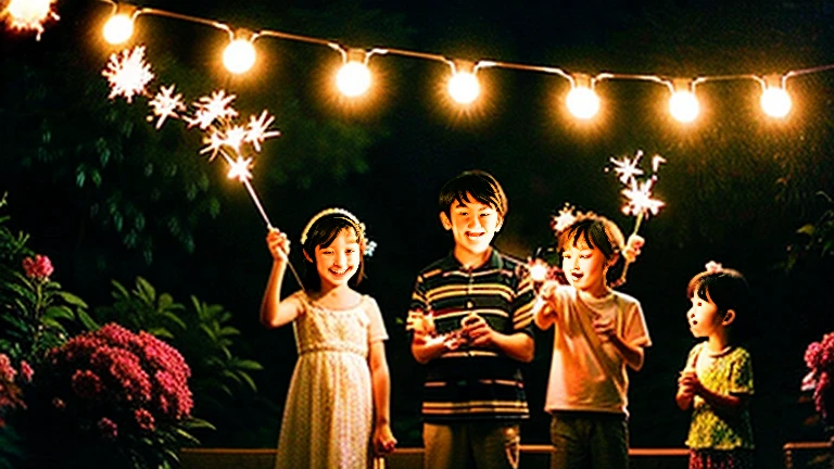 1970Era、A midsummer tradition、Nostalgic Sparklers Nagate Peony、Showa-era sparklers in the garden and children in yukatas
