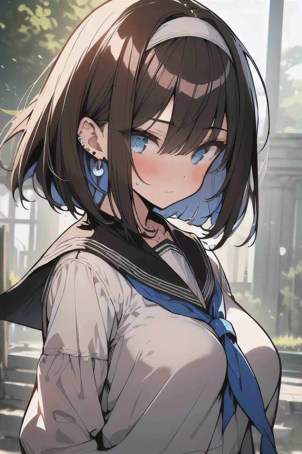 (best quality), (Super detailed), (Best Illustration), (masterpiece), (woman), {(white serafuku:1.2)}, (large breasts:1.2), {brown hair, (sideburns), (bob cut:1.3), curly hair, hairs between eyes, colored inner hair}, {(detailed eyes), blue eyes}, blush, earring, wind, hair band, botanical garden, ruins