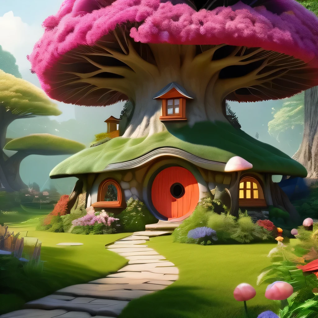 (Mysterious fantasy forest，Dense trees，A strange and cute little tree:1.5)，Hobbit Cottage, vividly depicted in the work (best quality, 8k, Advanced Solutions, masterpiece: 1.2), With super detailed details， (1.4 倍Reality, Reality: 1.37). This dreamy forest is made up of bright colors，Bathed in the warm sunshine, create cheerfulness、whimsical atmosphere. The house was designed with great attention to detail, Featuring complex designs and unique architecture, Similar to a mushroom-shaped house。 (This dreamy forest is surrounded by lush greenery and colorful flowers), Enhance enchanting and magical environments。 The artwork demonstrates an illustrative style, Inspired by children&#39;s book illustrations, Ensures a charming and nostalgic touch. The color palette consists of bright rainbow colors, Seven colors，Evoke feelings of joy and playfulness. Lighting sets off the picturesque scene, Create soft, warm shadows，Add depth and warmth to artwork. Every detail is impeccably presented, Create visually stunning masterpieces，Capture the essence of Fantasy Forest.
