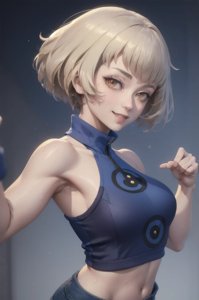 masterpiece, best quality, elizabeth persona 3, wearing blue sportbra, croptop, blue pants, looking at viewer, large breasts, upper body, portrait, looking at viewer, seductive smile, both hands raised, armpits, armpits visible, sweaty armpits, from above,