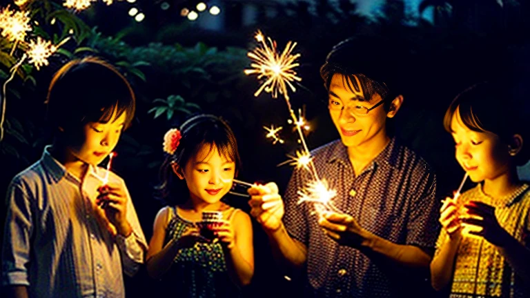 １９７０Era、A midsummer tradition、Nostalgic Sparklers Nagate Peony、Showa-era sparklers and children in yukatas in the garden