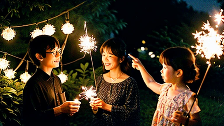 1970Era、A midsummer tradition、Nostalgic Sparklers Nagate Peony、Showa-era sparklers and children in yukatas in the garden