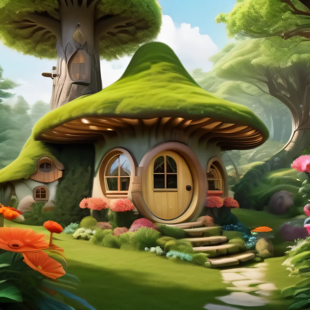 (Mysterious fantasy forest,Dense trees,A strange and cute little tree:1.5),Hobbit Cottage, vividly depicted in the work (best quality, 8k, Advanced Solutions, masterpiece: 1.2), With super detailed details, (1.4 倍Reality, Reality: 1.37). This dreamy forest is made up of bright colors,Bathed in the warm sunshine, create cheerfulness、whimsical atmosphere. The house was designed with great attention to detail, Featuring complex designs and unique architecture, Similar to a mushroom-shaped house。 (This dreamy forest is surrounded by lush greenery and colorful flowers), Enhance enchanting and magical environments。 The artwork demonstrates an illustrative style, Inspired by children's book illustrations, Ensures a charming and nostalgic touch. The color palette consists of bright rainbow colors, Seven colors,Evoke feelings of joy and playfulness. Lighting sets off the picturesque scene, Create soft, warm shadows,Add depth and warmth to artwork. Every detail is impeccably presented, Create visually stunning masterpieces,Capture the essence of Fantasy Forest.