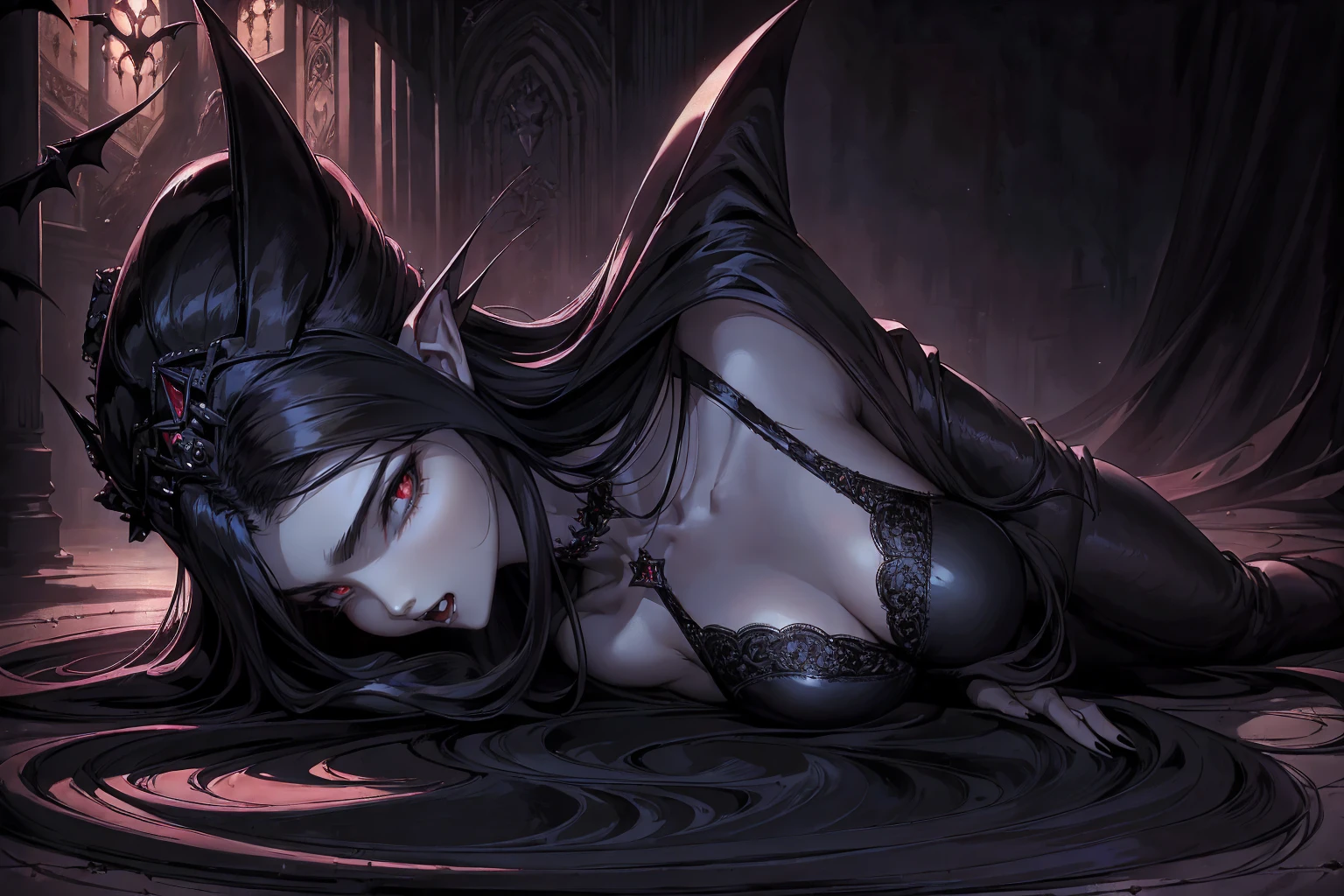 absurdres, ((stunning female Vampire))), goth Renaissance, (long black hair:1.erfect and detailed angular sharp oval shaped face, ((redeyes)), jewelry, red and black tetradic colors, full lips, gothic castle background, (solo), perfect anatomy, approaching perfection, ethereal, intricate details, ultra-high definition, 12k resolution, goth aesthetic, smooth, sharp focus, dreamy, glowing, backlit, glamour, glimmer, fantastical, shadows, smooth, Gothic crown, laying on the ground, perfect hands
