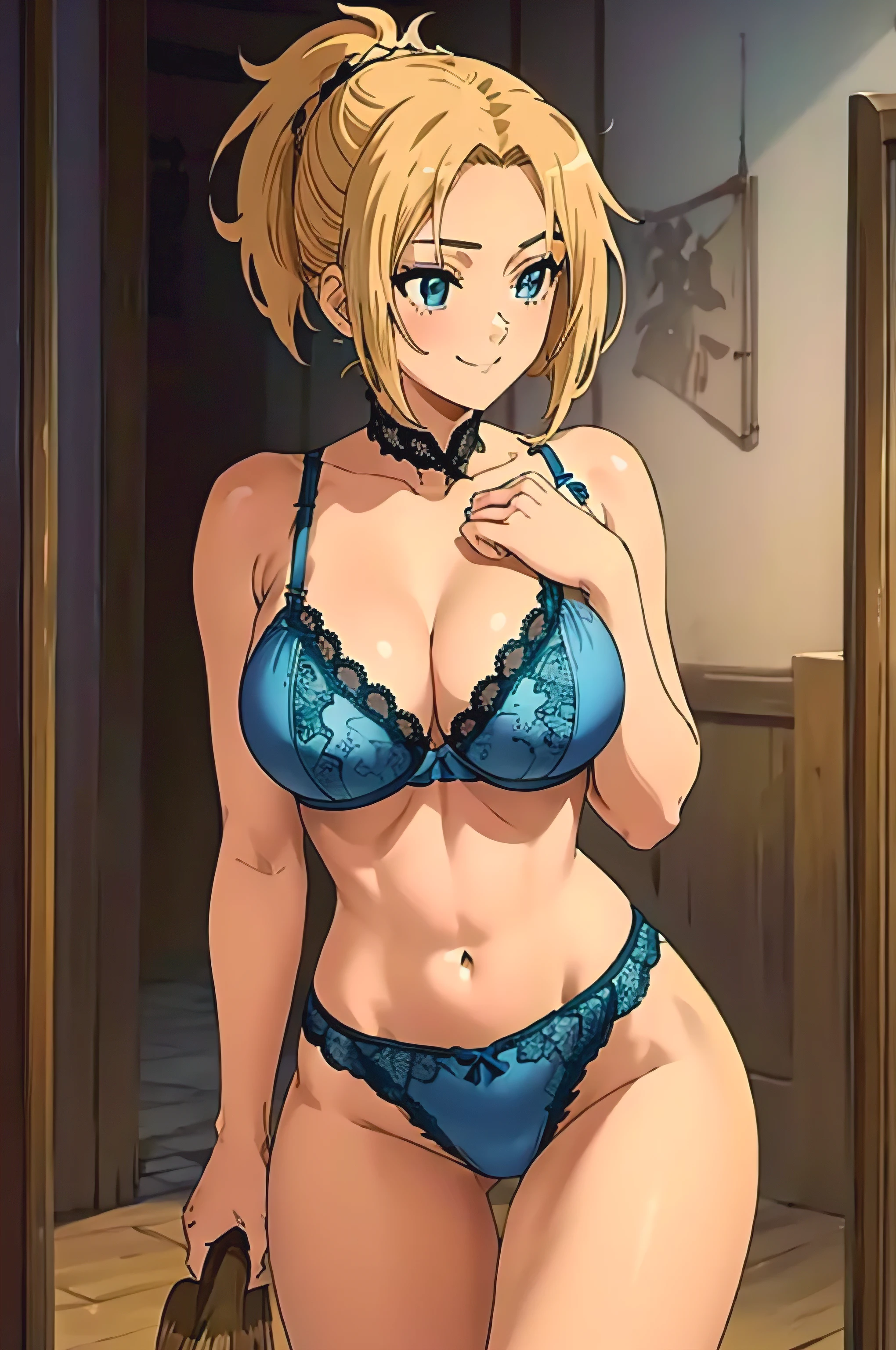 (Anime Style, Retro art style, Clean brush strokes, Very detailed, Perfect Anatomy, Browsing Caution), 1 girl, alone,((zenith)), Blonde, Blue Order, short hair, ponytail, Parted bangs, hair ornaments, smile, Cowboy Shot,(Huge breasts:1.5,(Lace bra:1.5, blue, beautiful)), Thin abdominal muscles: 1.1, (Lace panties:1.5, blue, beautiful), (Handstand, Spread your legs wide),Looking at the audience,Bedroom Background, 