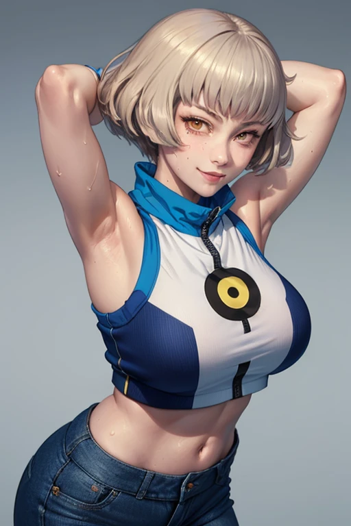 masterpiece, best quality, elizabeth persona 3, wearing blue sportbra, croptop, blue pants, looking at viewer, large breasts, upper body, portrait, looking at viewer, seductive smile, both hands raised, armpits, armpits visible, sweaty armpits, from above,