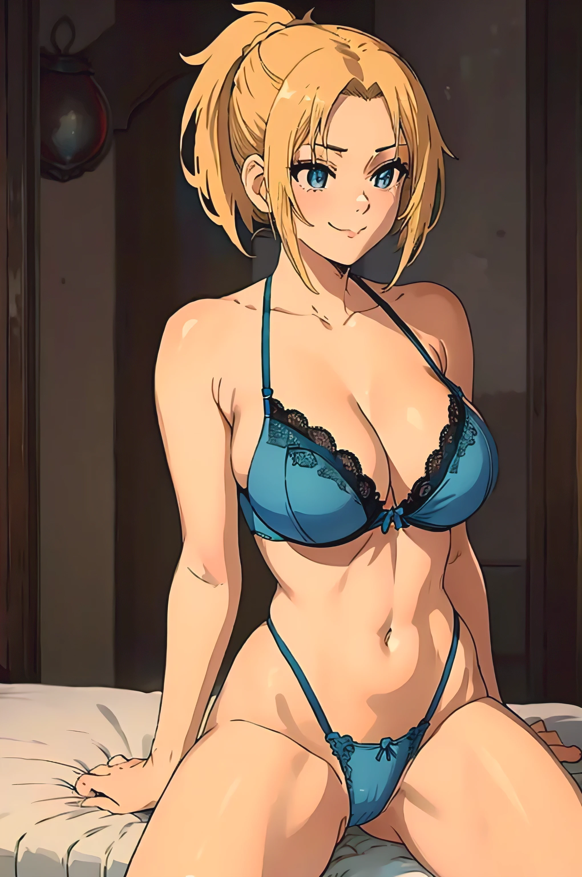 (Anime Style, Retro art style, Clean brush strokes, Very detailed, Perfect Anatomy, Browsing Caution), 1 girl, alone,((zenith)), Blonde, Blue Order, short hair, ponytail, Parted bangs, hair ornaments, smile, Cowboy Shot,(Huge breasts:1.5,(Lace bra:1.5, blue, beautiful)), Thin abdominal muscles: 1.1, (Lace panties:1.5, blue, beautiful), (Handstand, Spread your legs wide),Looking at the audience,Bedroom Background,