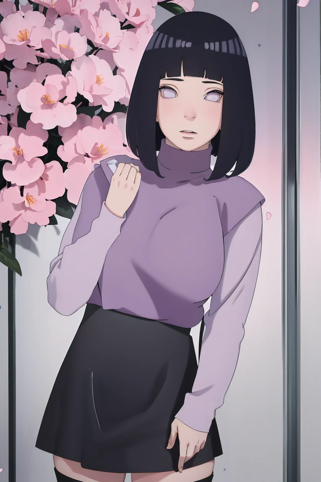masterpiece, absurdres, hinata\(boruto\), 1girl, solo,mature female, tshirt long sleeve, black dress, black pant, high waist short skirt, looking at viewer, (falling petals), perfect composition, detailed lips, big breast, beautiful face, body propotion, blush, (pink lips), long hair, purple eyes, soft gaze, super realistic, detailed, photoshoot, realistic face and body, thighhighs, happy, closed mouth