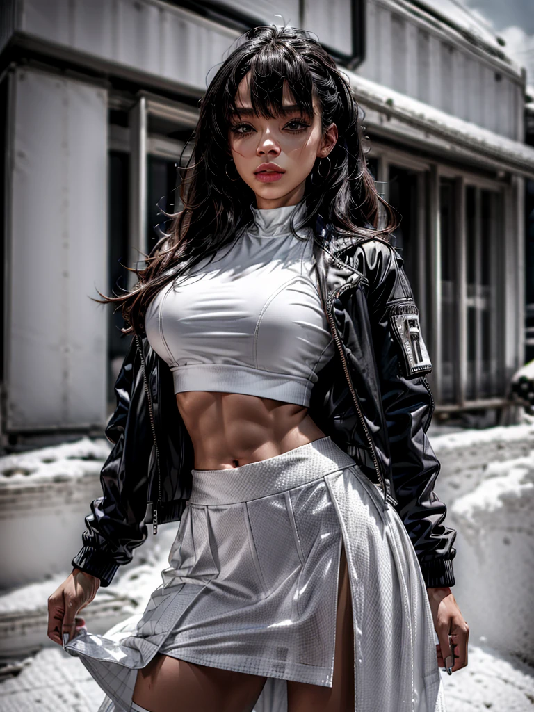 (best quality, ultra-detailed:1.2), 1girl, black jacket, white crop top, white long skirt