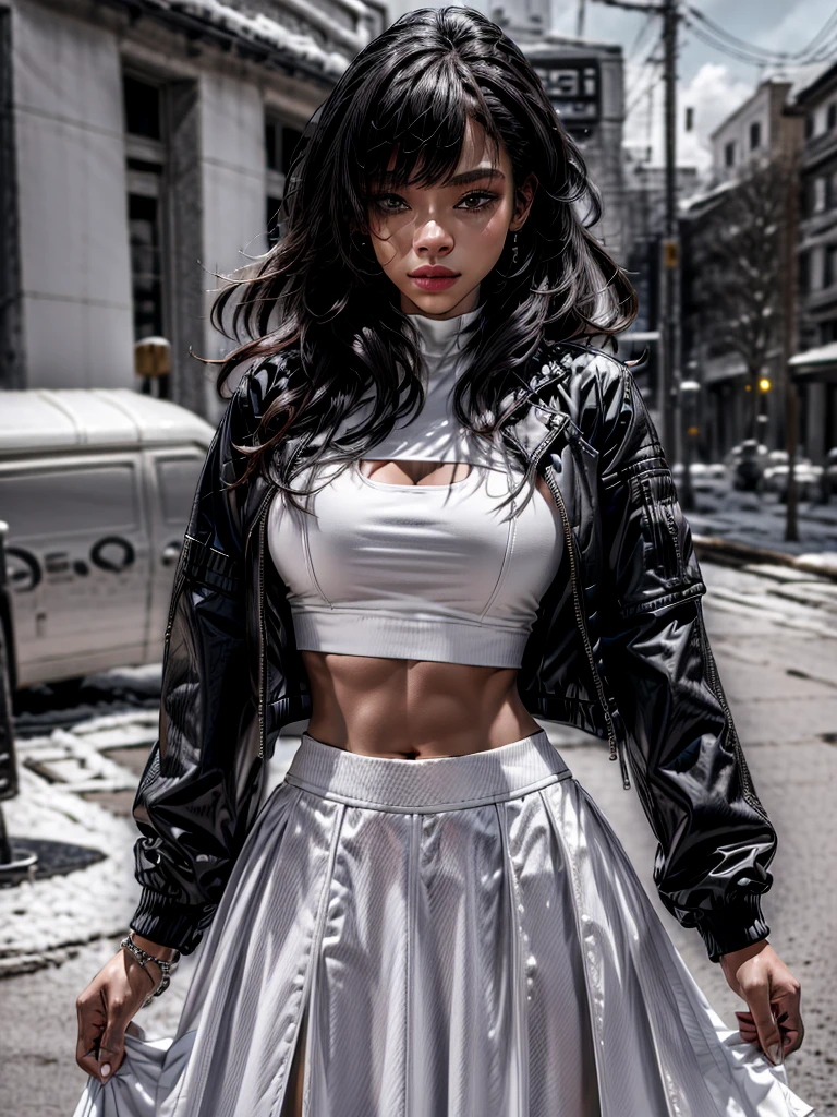 (best quality, ultra-detailed:1.2), 1girl, black jacket, white crop top, white long skirt