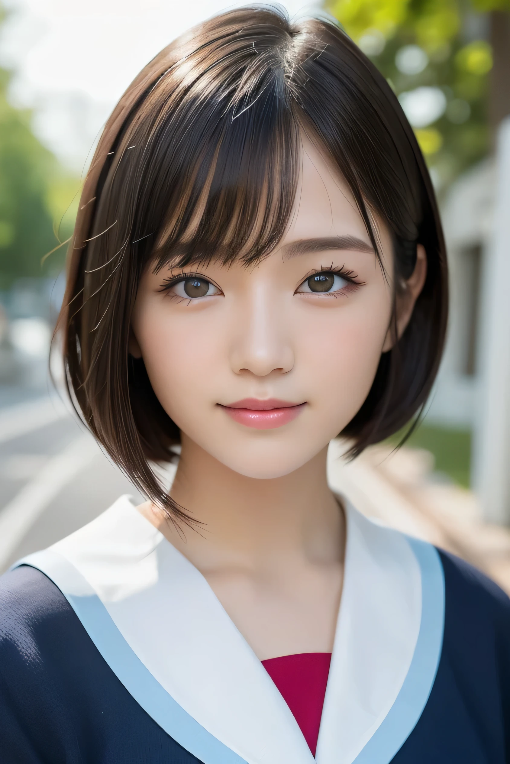 (highest quality:1.5)、(Realistic:1.5)、(1 person:1.5)、(Upper Body:1.5)、Very detailed、High resolution、8k wallpaper、、Small breasts、Natural color lips、Cute Smile、Japanese women、20-year-old girl、Beautiful and elegant face、Perfect and beautiful face、Big eyes、Brunette eyes、Beautiful and elegant face、Natural double eyelids、Natural Bangs、Beautiful thin nose、Beautiful Skin、Chestnut Hair、Medium Bob Hair、Short Hair、Natural Bangs、Perfect and beautiful face、Slim face and figure、(Looking at the camera with a cute expression)、Bright lighting、Professional Lighting、Forward lighting、Cute Smile、School、、Sailor suit、(High School Uniform)、Girls' High School 、Beautiful clavicle、Facing forward、Simple poses、Fair skin、slender、Glowing Skin、Beautiful Skin、(Sailor suit)、