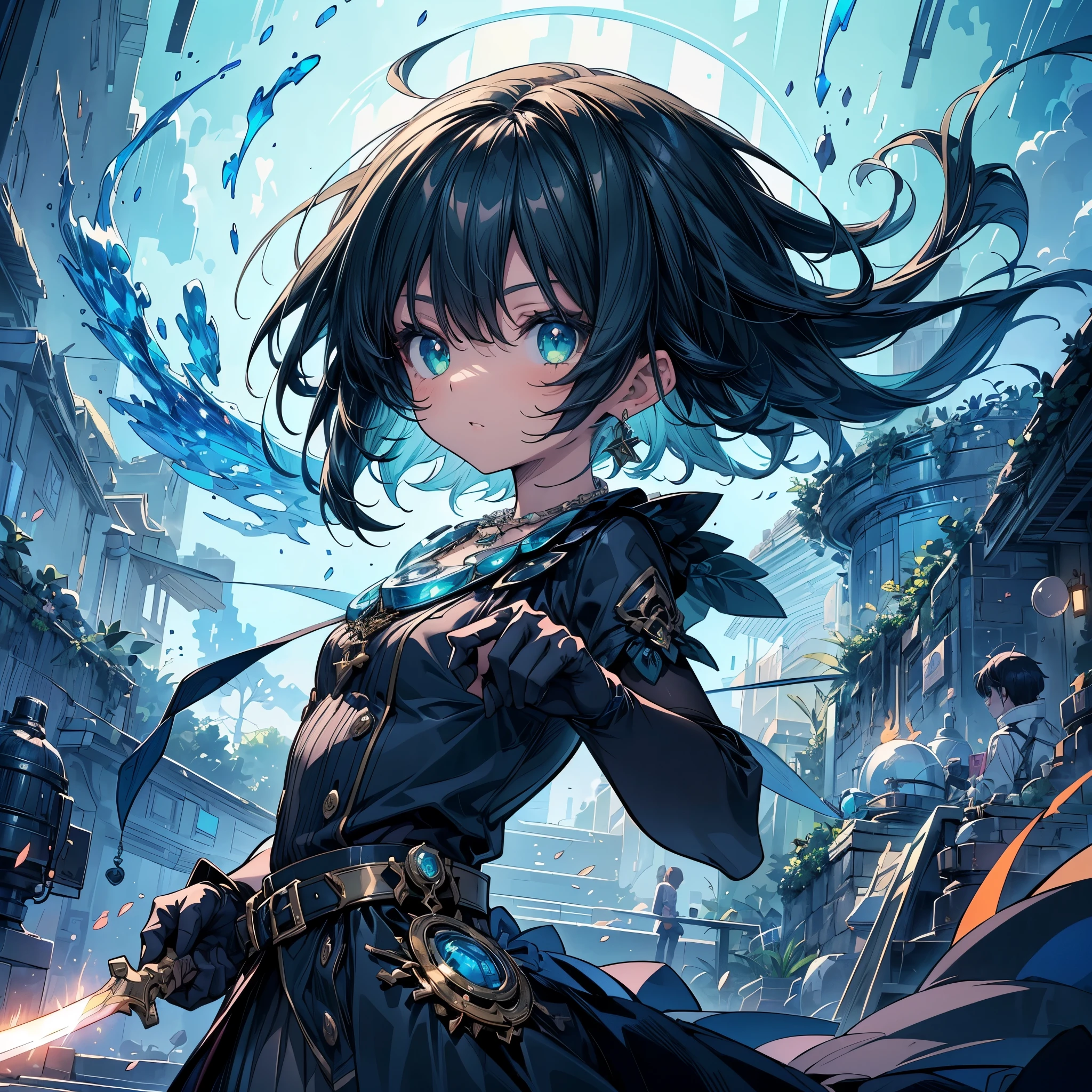 (masterpiece:1.2), (highest quality:1.2), Ultra-high resolution, Very detailed, ((Back to back anime twin girls)), ((1 personの女の子, Anime girl with glowing sword)), (He has a high-tech sword made from sapphire.:1.4), Surreal Girl, (1 person,Lolita,boyish, , 13 years old:1.3), Severe, Full Finger,, The charm of androgyny, (Very short hair), ((Black Hair)), Messy Hair, small and soft breasts,Slender body, Small Ass, Small green eyes,Fine and beautiful eyes, Well-proportioned iris and pupil, Expressive eyes, Beautiful and detailed lips, High resolution detailed hair, Perfect Eyes, Perfect Face, ultra high density skin, Perfect lighting, ((Light green necklace)), brown outfit, put goggles around your neck, light green tie,  ((1 personの女の子, with own hands)), Sparkling Sapphire, Blue Flame, (steampunk), ((Steam Engineer)), put on gloves, mechanical, Mechanical Volcano, Equipment, pipe, (Steam spewing out from pipes:1.2), Fantasy, (Dynamic Angle:1.2), (Dynamic pose:1.2), Digital anime art,Anime style illustrations,Anime illustration