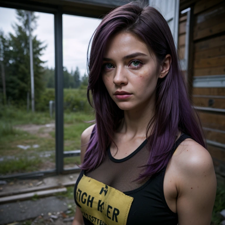 Girl wears open combenison, Chernobyl exclusion zone, S.T.A.L.K.E.R, purple hair, green eyes, scar above her left eyebrow, unarmed, scared.