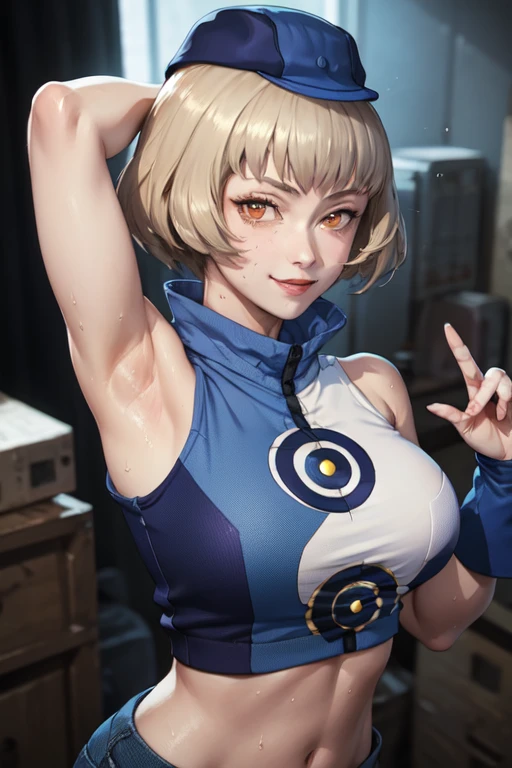 masterpiece, best quality, elizabeth persona 3, wearing blue hat, croptop, blue pants, looking at viewer, large breasts, upper body, portrait, looking at viewer, seductive smile, both hands raised, armpits, armpits visible, sweaty armpits, from above,