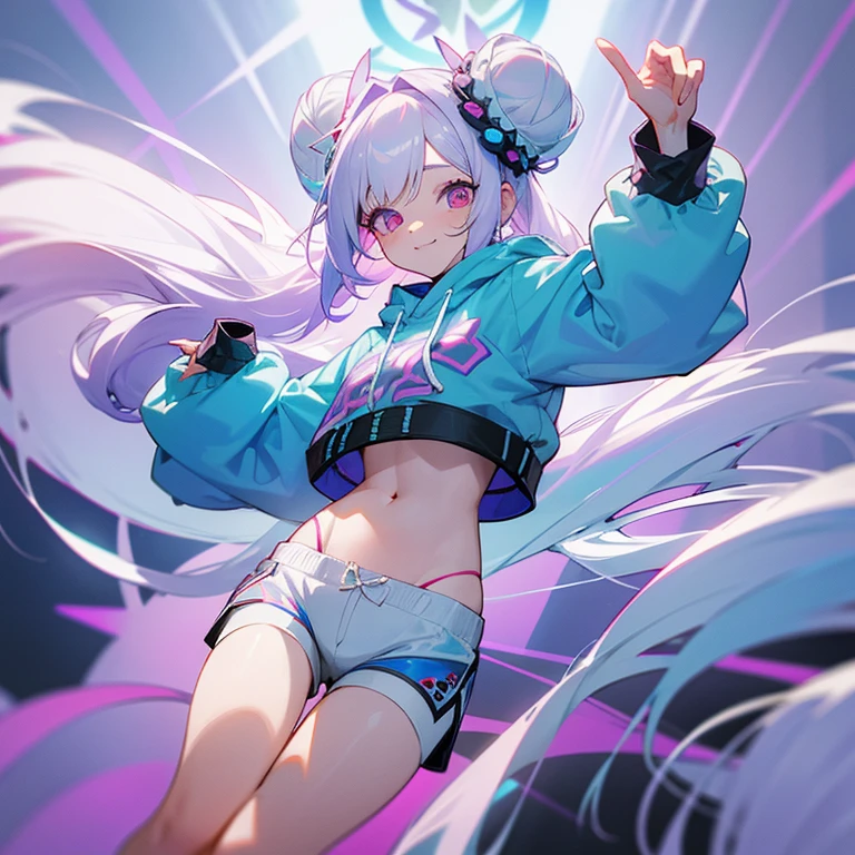 Two buns and very long hair at the back Background white Light purple hair Mesh and inner are light blue Light blue hair tips White clothes with a large flower motif The stomach looks a little About 28 years old Cheerful expression Light blue and red odd eyes Punk attire hoodie Shorts