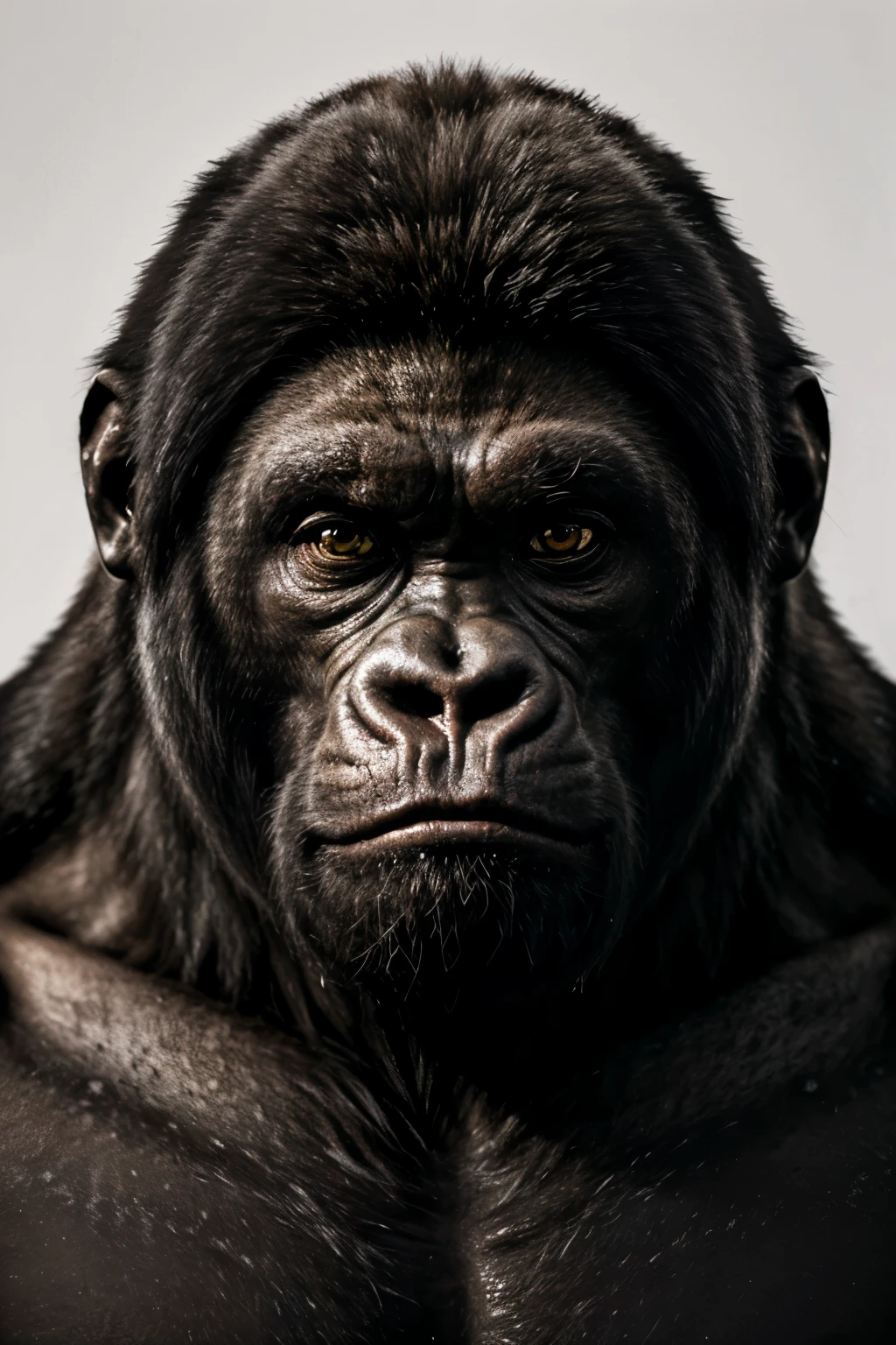 best quality,ultra-detailed,realistic,gorilla face,ferocious expression,white background,pencil sketch,animal portrait,dark shading,vivid eyes,strong jawline,detailed fur texture,strong and powerful presence,studio lighting,black and white contrast,sharp focus,expressive features,high-res masterpiece,colorless,monochromatic