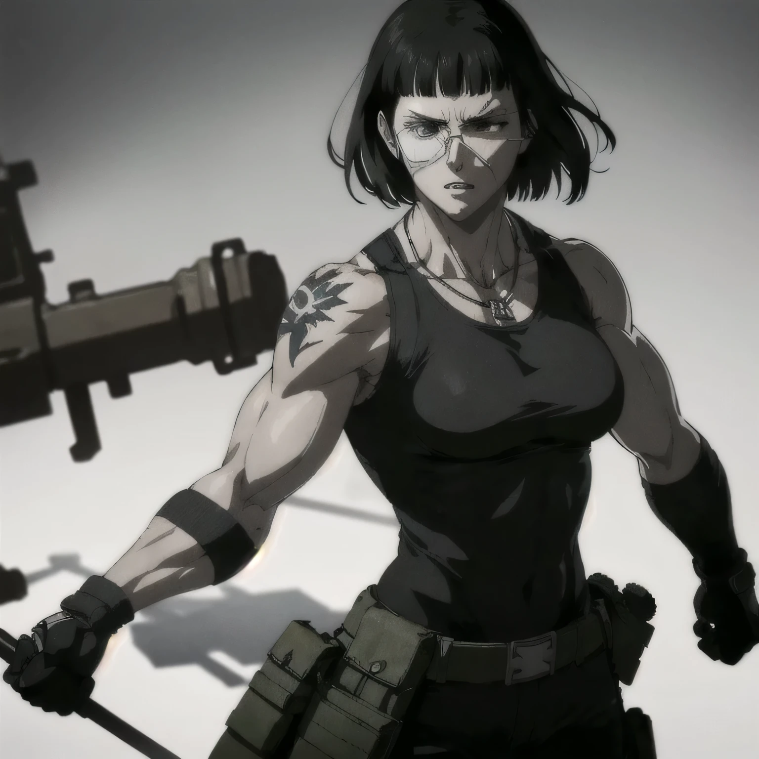 (best quality,ultra-detailed,realistic:1.37),musclaur badass girl with sculpted body with preview her musclaur body and six-pack, full review of the female character's face and body, intense expression, strong and confident posture, studio lighting, vivid colors, physiologically-based rendering, grungy texture, rugged background, dust particles in the air, commanding presence, professional, powerful, gritty aesthetics,,Valmet،short hair,necklace,Light reflection on shoulders, clean muscles،wearing Tight T-shirt and military combat trousers, tattoos on shoulders,clean clothes,fight position,