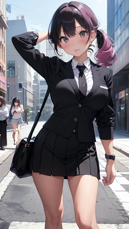 masterpiece、highest quality、Very detailed、Photograph the upper body、1 female、(Put your arms behind your back:1.2)、Are standing、Turn your body forward、View your viewers、(office lady,business suit、Black mini skirt:1.4)、break,blush、shy、Pink Hair、Open your mouth、office、Big Breasts、