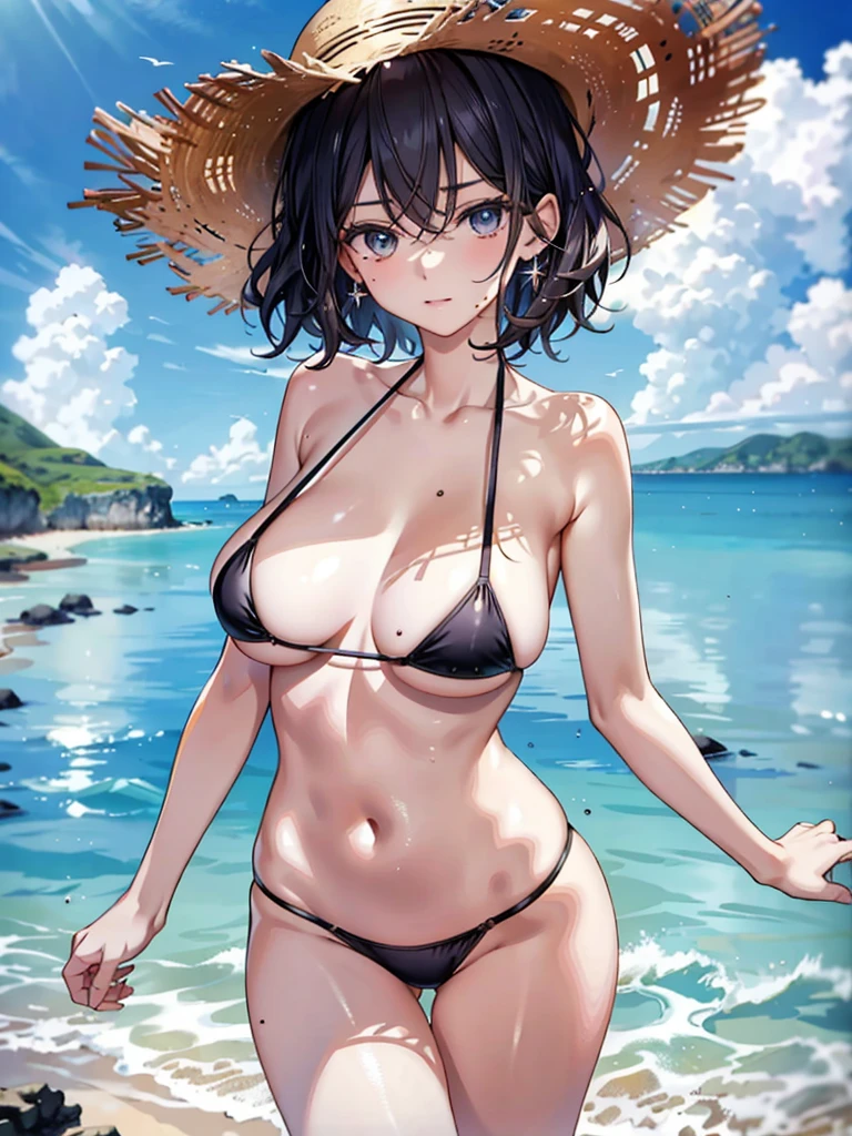 absurdres, RAW photo, extremely delicate and beautiful, masterpiece, Best Quality, ultra high resolution, 32k, hyperrealistic, ultra-detailed, perfect anatomy, anatomically correct, perfect figure, super Detailed skin, 20 years old, very Slim body, narrow waist, very small head, very small face, delicate facial features, detailed face, detailed eyes, tearful mole, earring, thin legs, bare legs, ((very huge round breasts)), short medium hair, ((wavy hair)), wet clothes, straw hat, bikini,