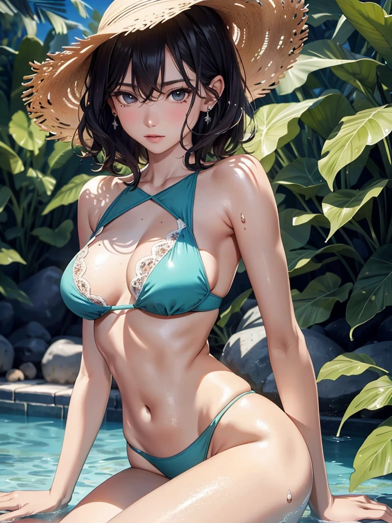 absurdres, RAW photo, extremely delicate and beautiful, masterpiece, Best Quality, ultra high resolution, 32k, hyperrealistic, ultra-detailed, perfect anatomy, anatomically correct, perfect figure, super Detailed skin, 20 years old, very Slim body, narrow waist, very small head, very small face, delicate facial features, detailed face, detailed eyes, tearful mole, earring, thin legs, bare legs, ((very huge round breasts)), short medium hair, ((wavy hair)), wet clothes, straw hat, bikini,