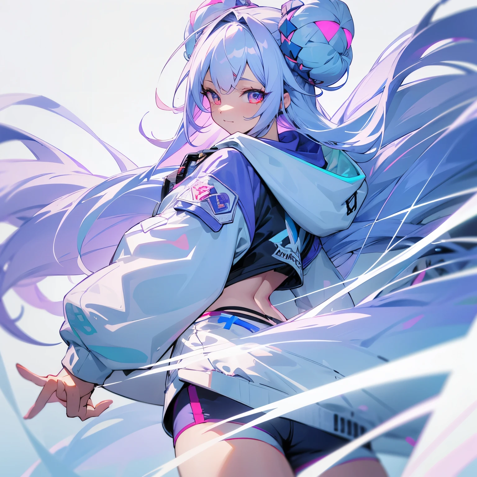 Two buns and very long hair at the back　Background white　Light purple hair　Mesh and inner are light blue　Light blue hair tips　White clothes with a large flower motif　The stomach looks a little　About 28 years old　Cheerful expression　Light blue and red odd eyes　Punk attire　hoodie　Shorts