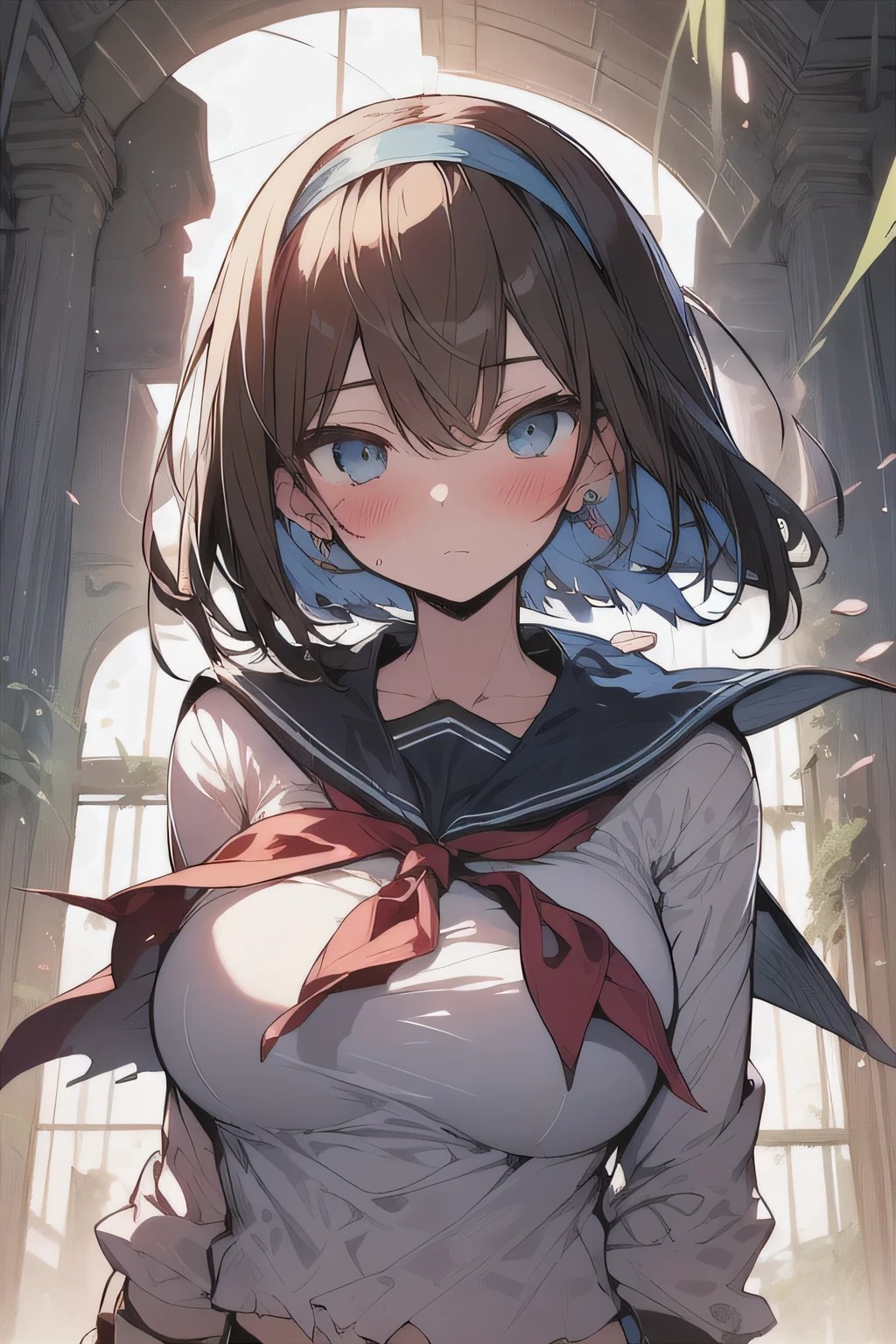 (best quality), (Super detailed), (Best Illustration), (masterpiece), (woman), {(torn white serafuku:1.2)}, (large breasts:1.2), {brown hair, (sideburns), (bob cut:1.3), curly hair, hairs between eyes, colored inner hair}, {(detailed eyes), blue eyes}, blush, earring, wind, hair band, botanical garden, ruins