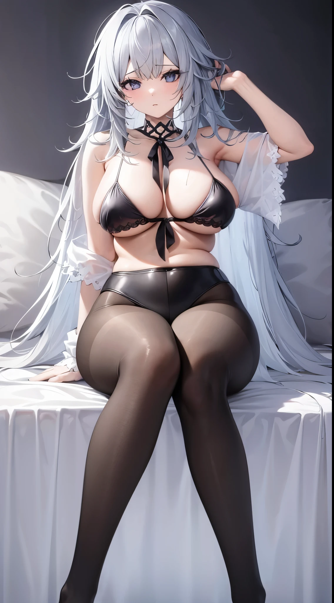 the best, masterpiece, HD, (whole body), Frontal lobe, symmetry, Mature girl, Solitary, (whole body from head to toe), Large Breasts, Long hair, slightly Messy hair, (Black pantyhose), ( (Black pantyhose), Black pantyhose, composition White, slender beautiful leg, A very beautiful 17 year old girl (No shoes) leg), blush, Shy big eyes, Messy hair, looking at camera, White, White Frilly Lingerie,