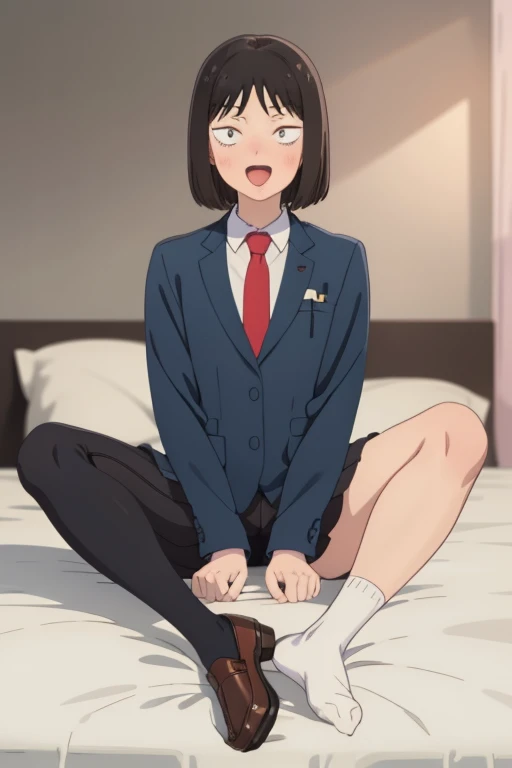 masterpiece, best quality, high quality, highres, absurdres, ultra-detailed, best anatomy, detailed eyes, perfect eyes, iwakura_mitsumi, short hair, bob cut, black eyes, small pupils, black hair, solo, 1girl, smile, shoes, socks, brown footwear, red necktie, black socks, loafer, lies on bed, shy, spread legs, open mouth, tongue