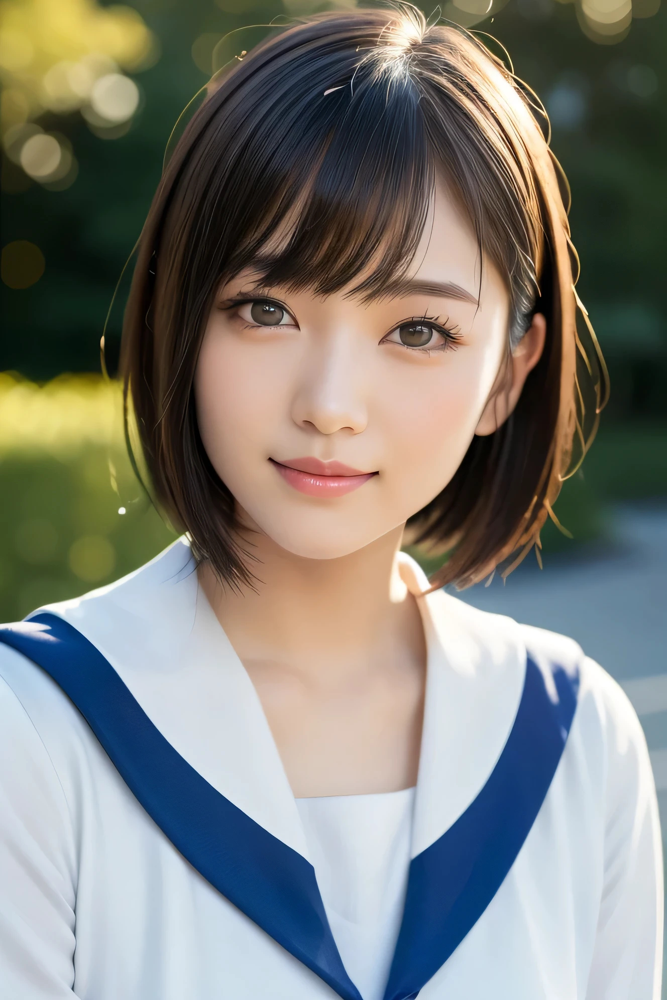 (highest quality:1.5)、(Realistic:1.5)、(1 person:1.5)、(Upper Body:1.5)、Very detailed、High resolution、8k wallpaper、、Small breasts、Natural color lips、Cute Smile、Japanese women、20-year-old girl、Beautiful and elegant face、Perfect and beautiful face、Big eyes、Brunette eyes、Beautiful and elegant face、Natural double eyelids、Natural Bangs、Beautiful thin nose、Beautiful Skin、Chestnut Hair、Medium Bob Hair、Short Hair、Natural Bangs、Perfect and beautiful face、Slim face and figure、(Looking at the camera with a cute expression)、Bright lighting、Professional Lighting、Forward lighting、Cute Smile、School、、Sailor suit、(High School Uniform)、Girls' High School 、Beautiful clavicle、Facing forward、Simple poses、Fair skin、slender、Glowing Skin、Beautiful Skin、(Sailor suit)、