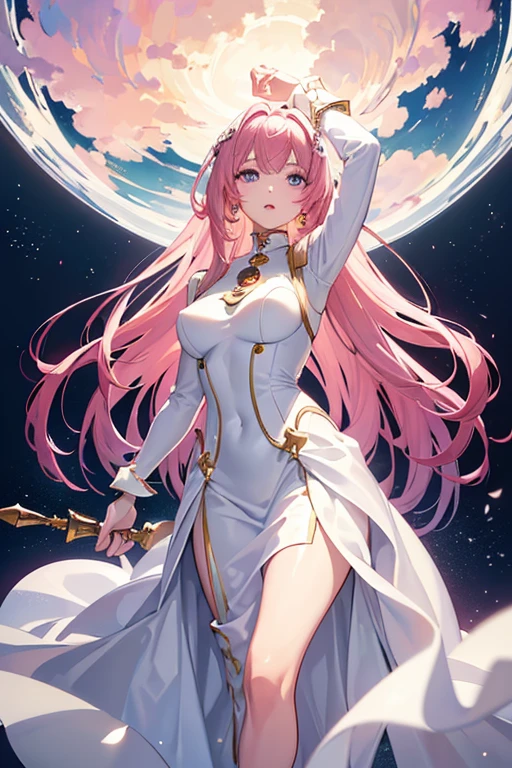 masterpiece,Ultra-high resolution,super highest quality,Very detailed,Detailed eyes,Detailed face,Shiny skin,Detailed Hair,White skin,Perfect lighting,Glossy Lips,16k,wallpaper,Kyoto Animation,Anime Coloring,Lacus Clyne,Gundam Seed,Gundam SeedFREEDOM,Pink Hair,Straight hair,blue eyes,(((hair ornaments,White sleeves,Luxurious white dress,Gorgeous purple skirt,Gorgeous long skirt))),Very long hair,Exposing shoulders,