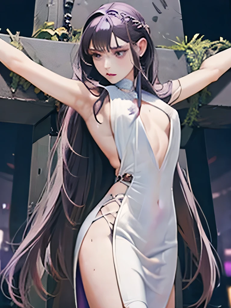 masterpiece　Crucifixion　Woman with very long purple hair　Beautiful slim perfect body　Sexy white sleeveless see-through dress　Look down　Pitch black hell　Surrounding monsters