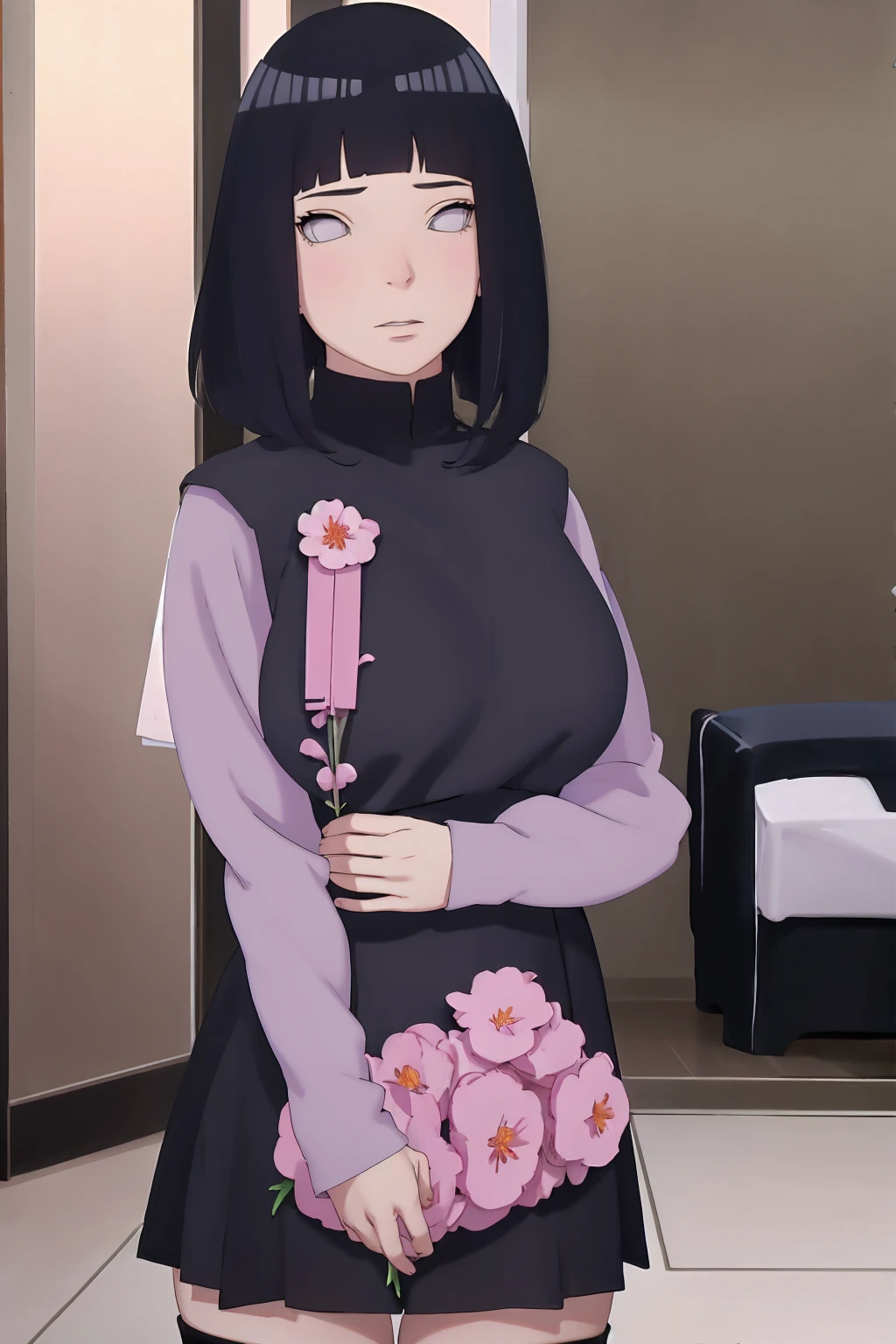 masterpiece, absurdres, hinata\(boruto\), 1girl, solo,mature female, tshirt long sleeve, black dress, black pant, high waist short skirt, looking at viewer, (falling petals), perfect composition, detailed lips, big breast, beautiful face, body propotion, blush, (pink lips), long hair,  purple eyes,  soft gaze,  super realistic, detailed, photoshoot, realistic face and body, thighhighs, happy, closed mouth