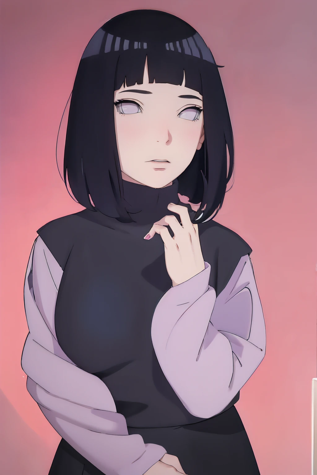 masterpiece, absurdres, hinata\(boruto\), 1girl, solo,mature female, tshirt long sleeve, black dress, black pant, high waist short skirt, looking at viewer, (falling petals), perfect composition, detailed lips, big breast, beautiful face, body propotion, blush, (pink lips), long hair, purple eyes, soft gaze, super realistic, detailed, photoshoot, realistic face and body, thighhighs, happy, closed mouth