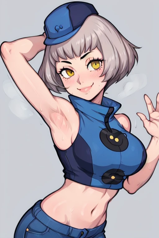 masterpiece, best quality, elizabeth persona 3, wearing blue hat, croptop, blue pants, looking at viewer, large breasts, upper body, portrait, looking at viewer, seductive smile, both hands raised, armpits, armpits visible, sweaty armpits, from above,