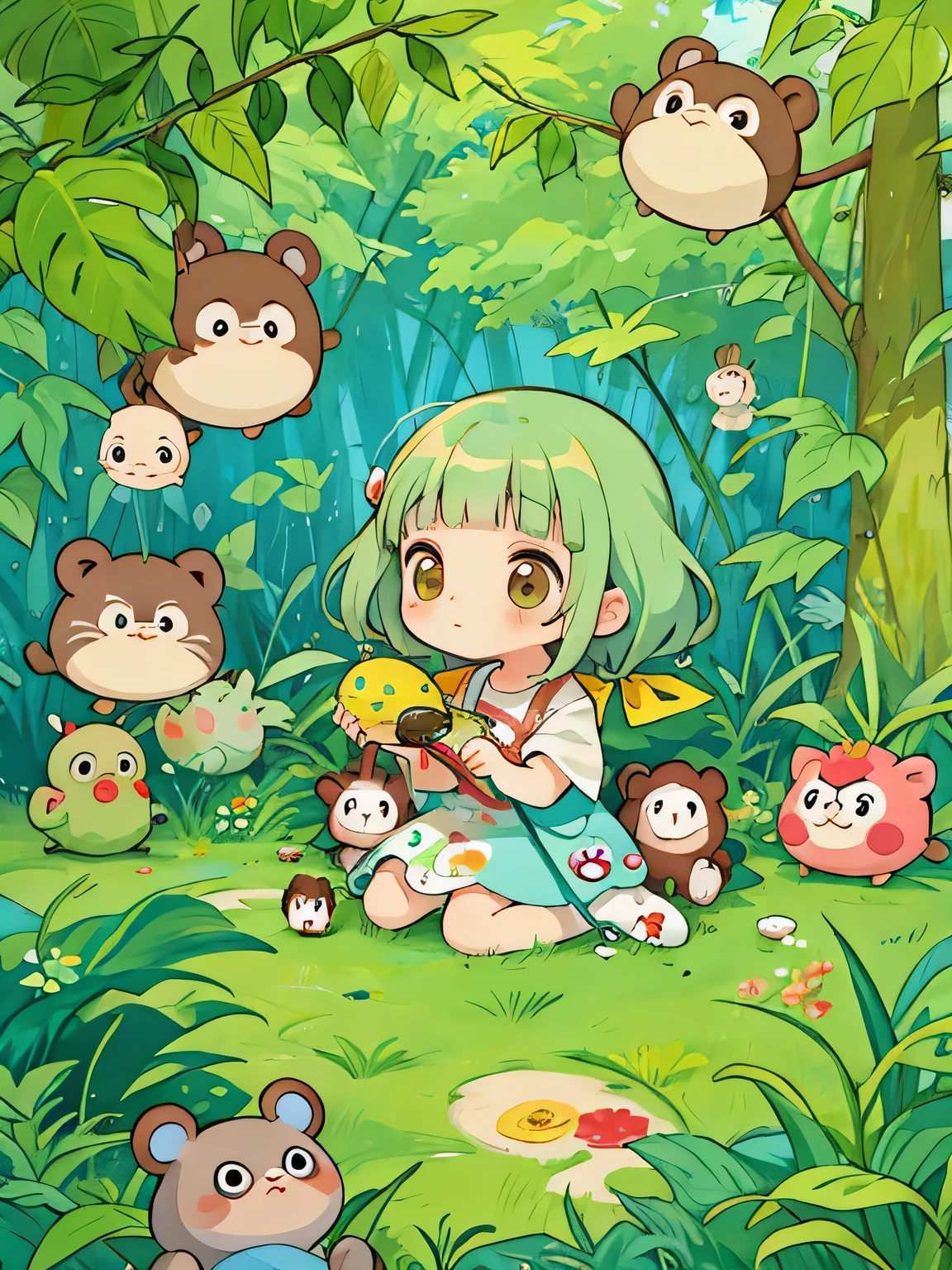 Takashi Murakami style, Kawaii Design, The most beautiful girl of all time、Chibi, monkey, play together、Totoro Forest