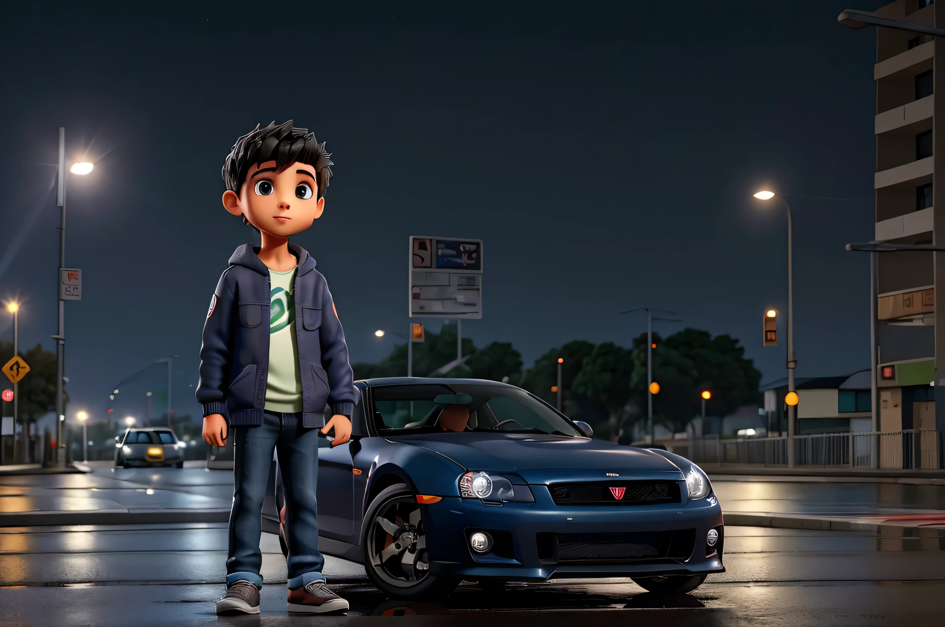 Descreva a cena de um jovem com capuz, vestindo um moletom preto e jeans, standing on the sidewalk on a rainy night. He is looking at a shiny GTR R35 car passing on the road., Your admiration visible in your eyes. The light from the headlights reflects on the puddles of water around you, enquanto a chuva cai suavemente sobre ele. O som do motor potente ecoa no ar, misturando-se ao som da chuva. The boy remains motionless, captured by the elegance and speed of the car, dreaming of the day when you can be behind the wheel of such an impressive machine.