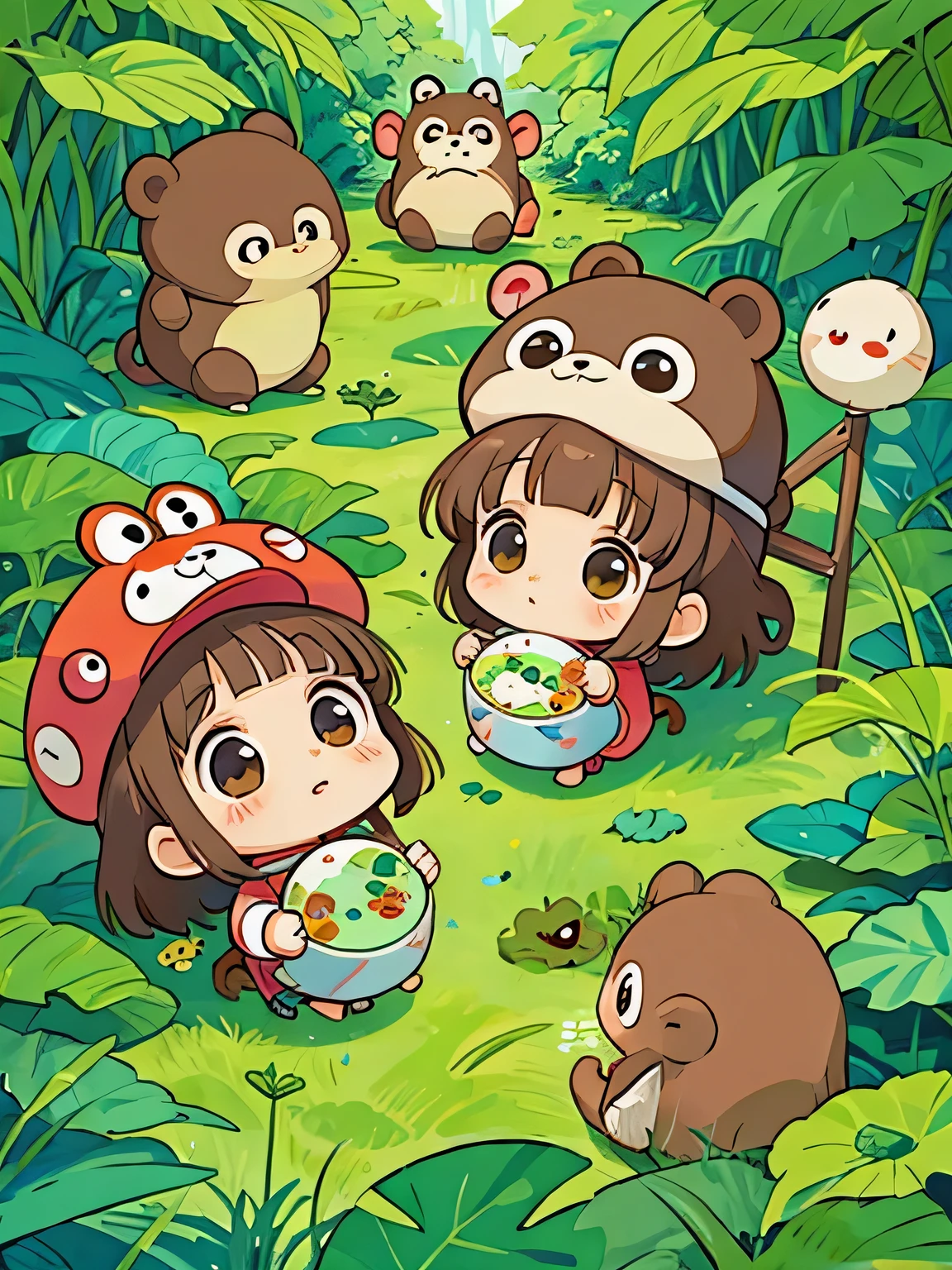 Takashi Murakami style, Kawaii Design, The most beautiful girl of all time、Chibi, monkey, play together、Totoro Forest