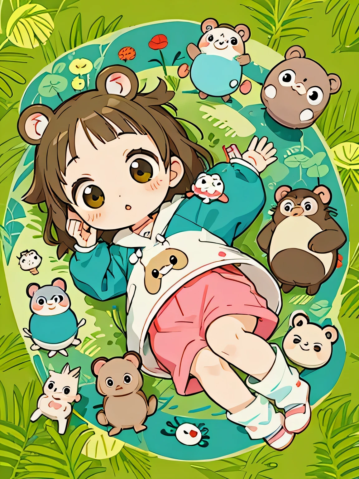 Takashi Murakami style, Kawaii Design, The most beautiful girl of all time、Chibi, monkey, play together、Totoro Forest