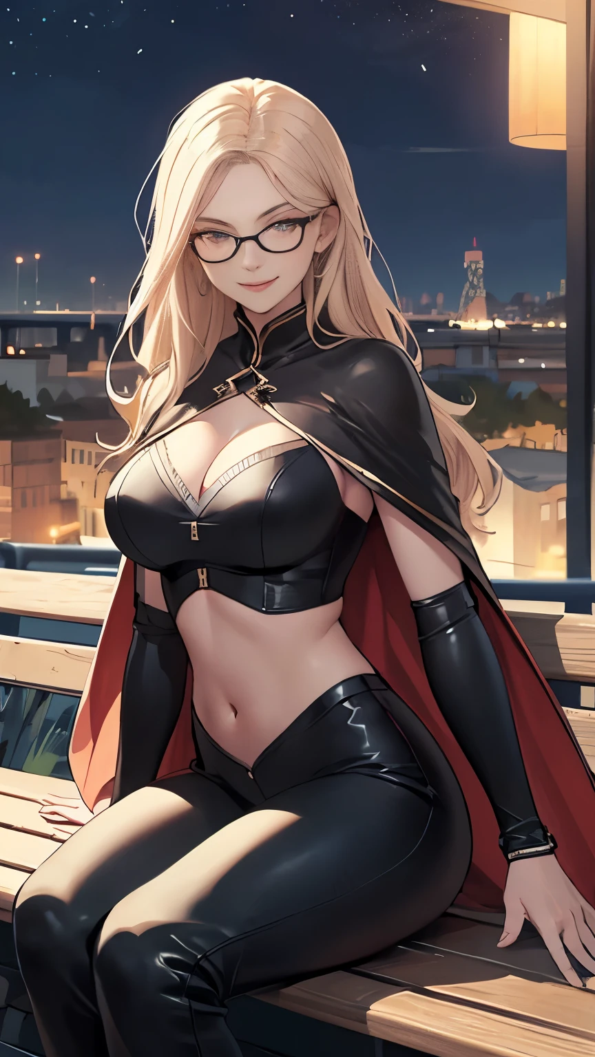 (Highly quality, masterpiece, detailed), night city detailed scenario, night city detailed background, 20 years old girl, solo, glasses, bodysuit, cleavage, longhair, capelet, black and white leather pants, crop top, sitting on bench, sleeve, smile, navel, perfect face, beautiful eyes, perfect eyes, looking at the viewer, Sexy pose
